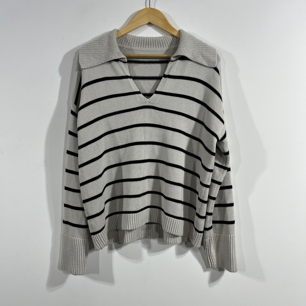 Nordstrom Fisherman Preppy Cotton Cashmere Striped Polo Sweater Womens Large